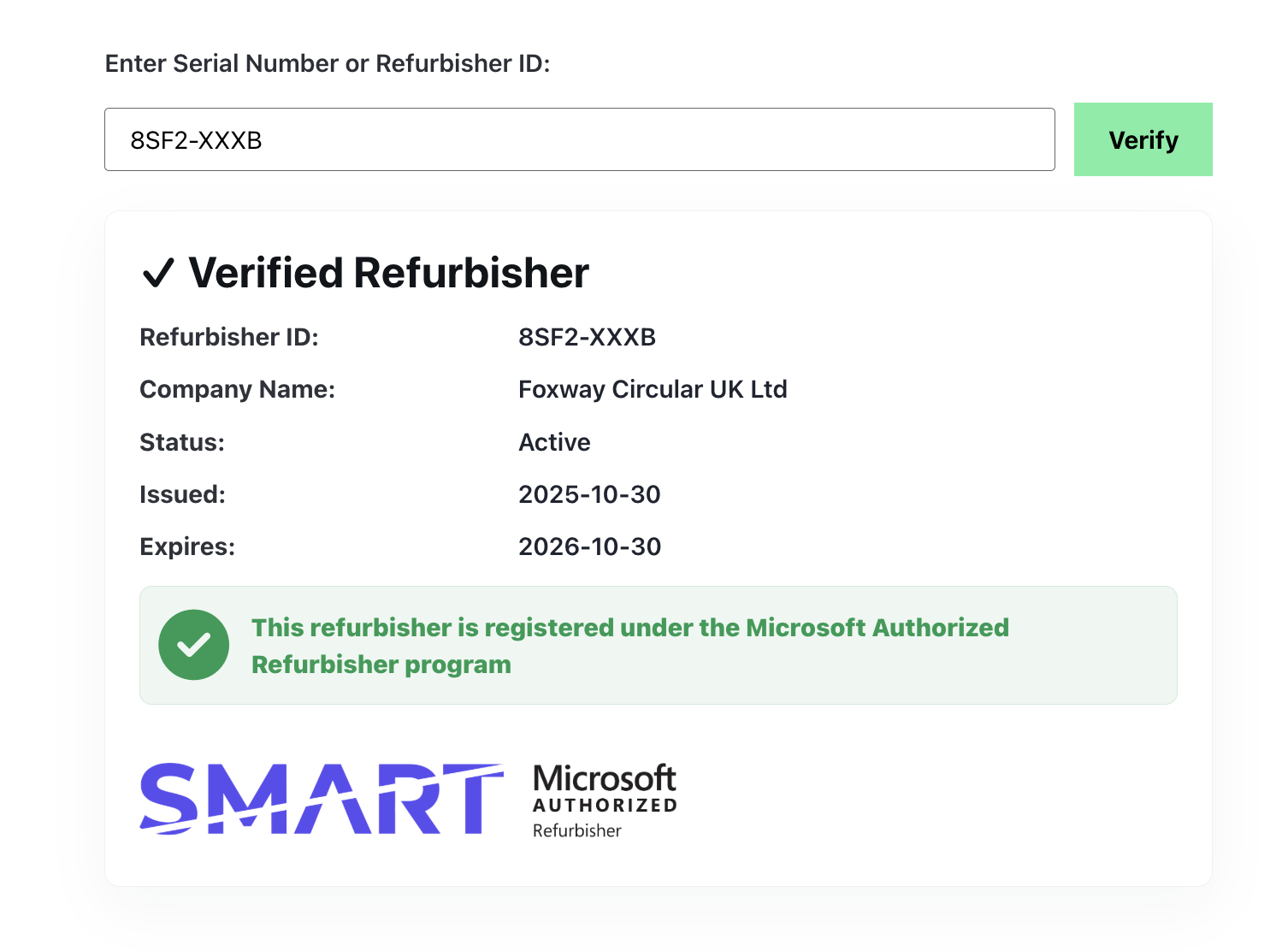 Refurbisher verification screen